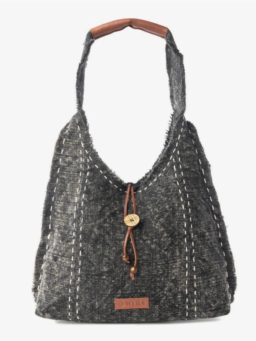 Myra Bag Black Textured Hobo with Brown Accent Strap